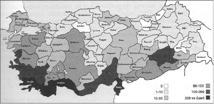 4 bulunmuştur. Bu oran farklı bölgelerde %0,6-13,0 arasında değişmektedir (Kılınç, 2006) (Şekil 1.2.). Türkiye de yaklaşık 1.300.