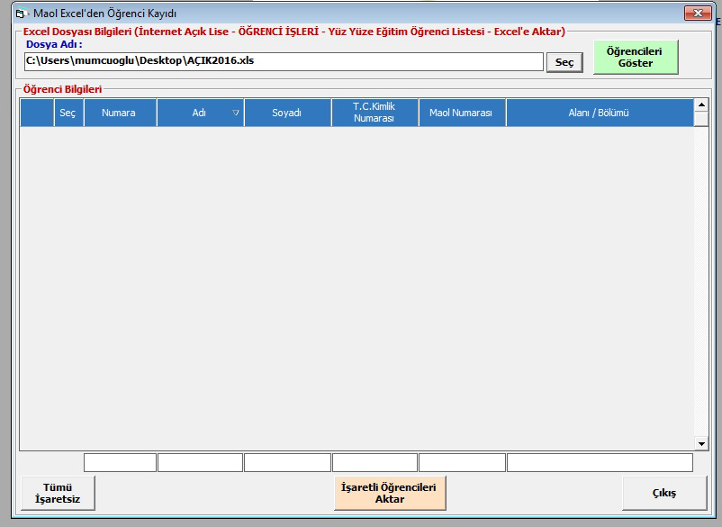 Öğrencilerin excel dosyasından okunması için Öğrencileri Göster tuşuna