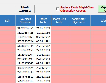 Ekrana gelen öğrenciler için tablonun sonuna giderek öğrenci sayısını kontrol etmekte fayda vardır. Ancak Hiçbir öğrencinin Sigorta Giriş Tarihi Bulunmamakta.