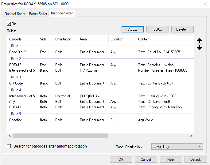 Barcode Sorter (Barkod Sıralama) sekmesi Multifeed (Çoklu Besleme), Size (Boyut) ve Patch (Yama) sıralama kuralları, Barcode (Barkod) sıralamasına göre önceliğe sahiptir.