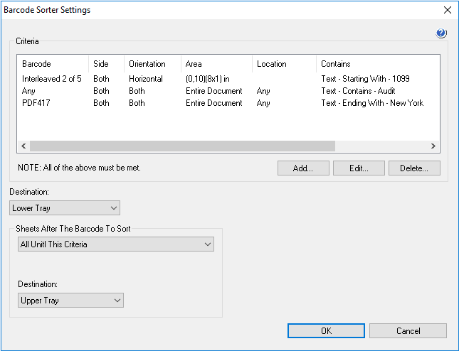 Barcode Sorter Settings (Barkod Sıralama Ayarları) penceresi Bu pencereden barkod ile ilgili bir kural için seçenekleri gerçekleştirebilirsiniz.