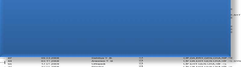 100 50 0 Key TARİH KLİNİK 49 12.01.2009 Radyasyon Onkolojisi 64 20.11.2009 Genel Cer 29 28.01.2008 Göğüs Cerrahisi 36 27.09.2008 66 08.02.2010 6 21.06.2008 Anestezi Y. B. 8 30.06.2008 2 02.12.2007 30 24.