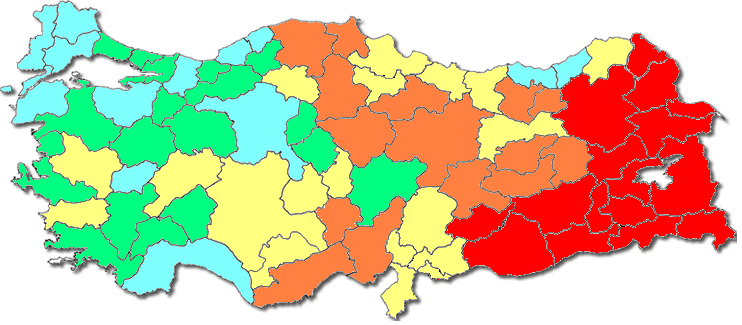 Sağlık Çalışanı Yardımıyla Doğum Yüzdesi %26, ve altı %26,1-45,8 %45,81-54, %54,1-63,6 %63,61 ve üzeri Doğu ve Güneydoğu Anadolu da doğumların