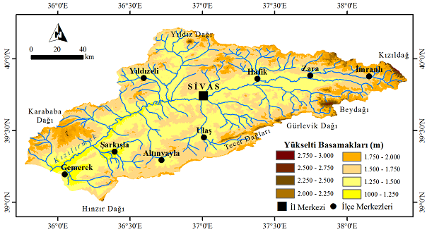 2 Sağdıç ve Koç Şekil 1. İnceleme sahasının lokasyon haritası. Figure 1. Location map of study area. Şekil 2.Yukarı Kızılırmak Havzası nın topografya haritası. Figure 2.