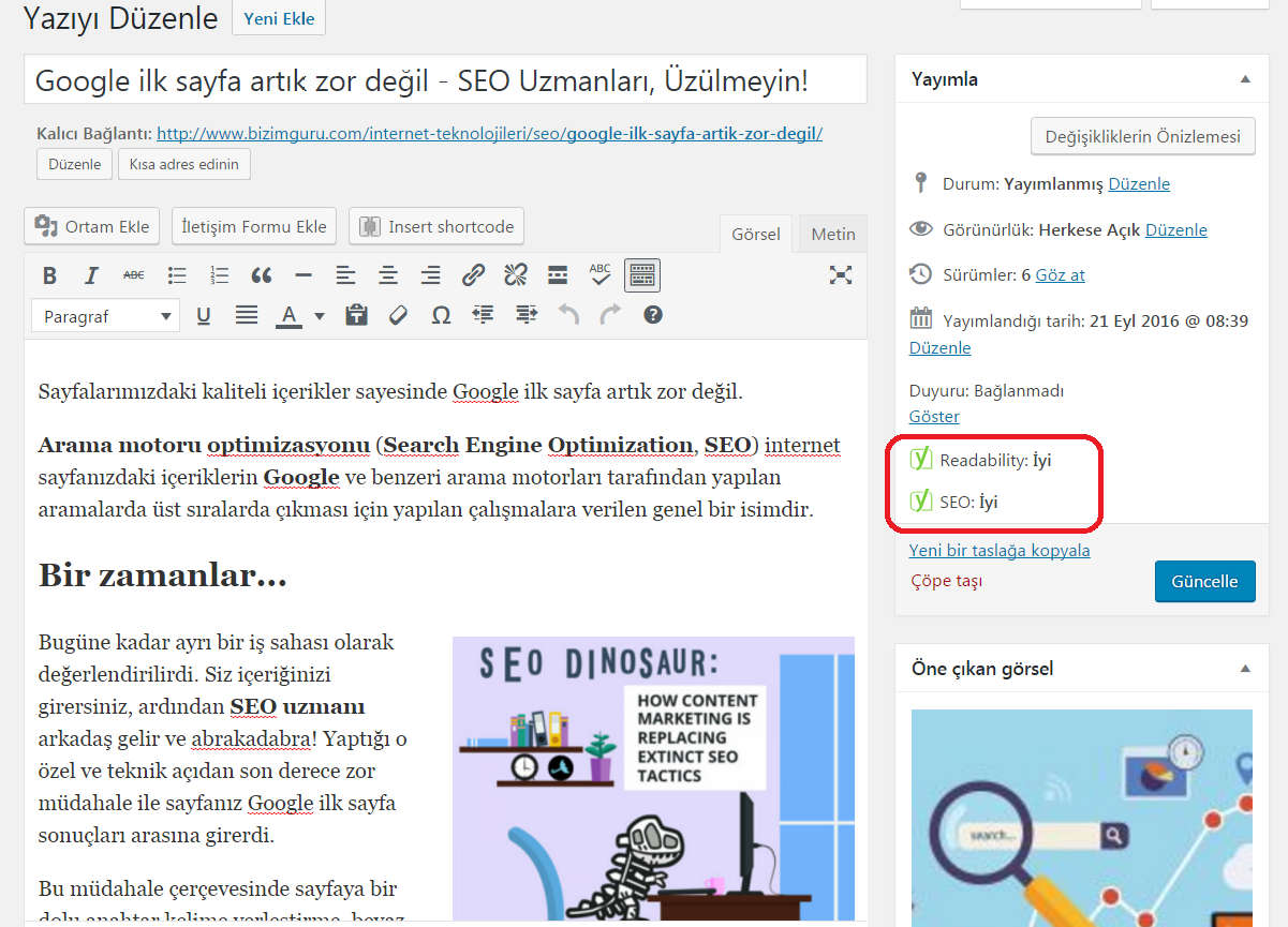 Adım 1 - Yazıyı Ekle (veya Değiştir) Yazının wordpress düzenleme ekranındaki görünümü aşağıdaki gibi.