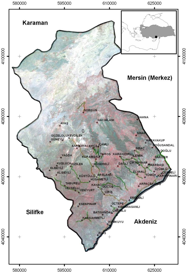 Şekil 1. Araştırma alanının Türkiye deki konumu ve alana ait 2005 tarihli ASTER görüntüsü.