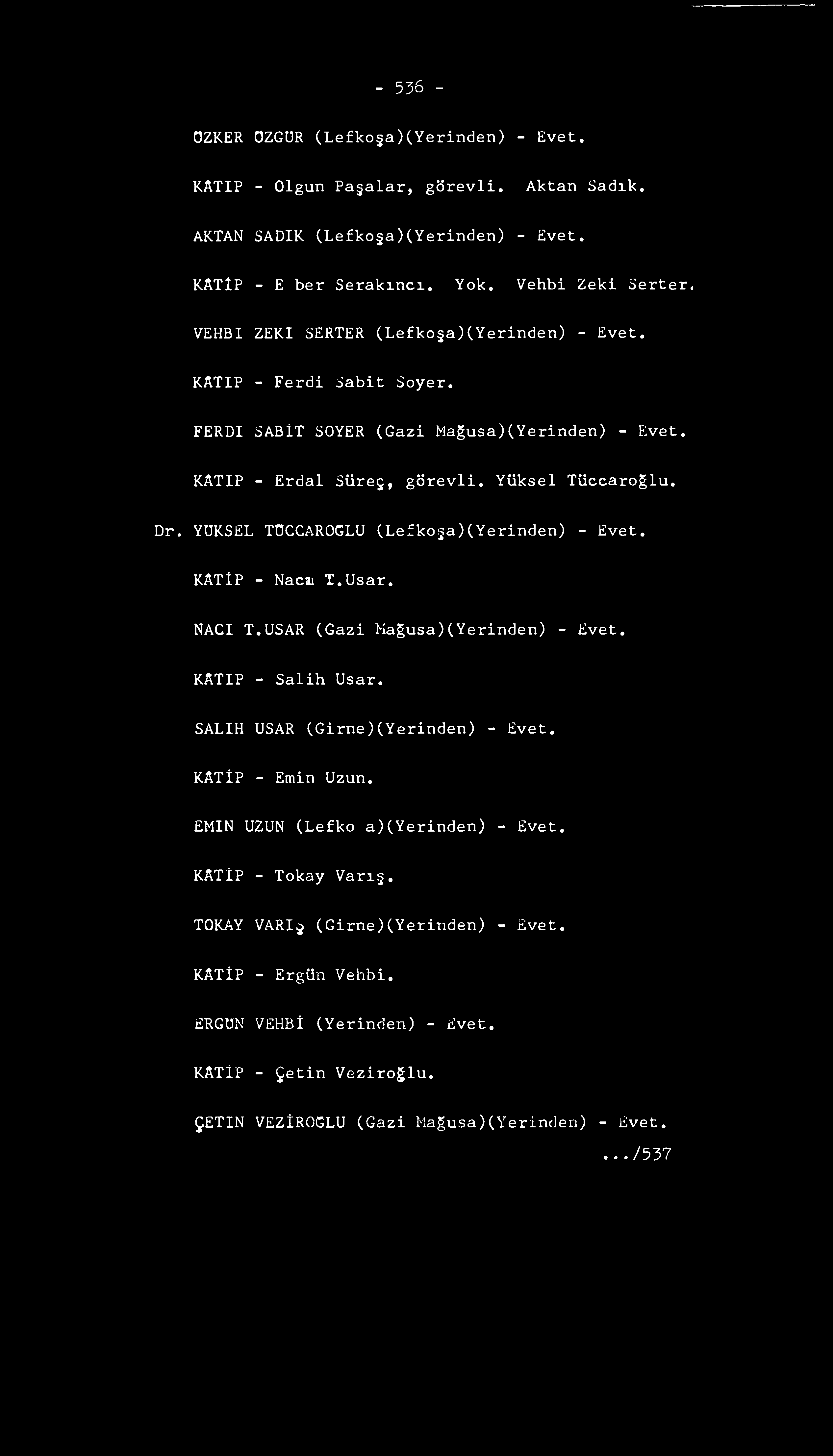- 536 - OZKER OZGUR (Lefko a)(yerinden) - Evet. KATIP - Olgun Pagalar, görevli. Aktan Sadık. AKTAN SADIK (Lefko a)(yerinden) - Evet. KATiP - Eşber Serakıncı. Yok. Vehbi Zeki Serter.