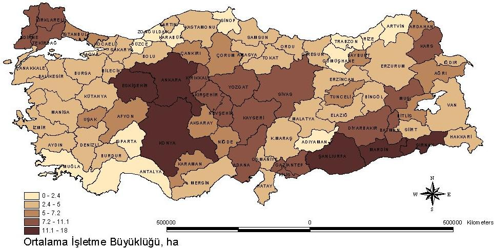 Ortalama İşletme Büyüklüğü, ha 10 9 8 7 6 5 4 3 2 1 0 GüneyDoğu Şekil 2. Ortalama işletme büyüklüklerinin bölgelere göre değişimi Türkiye nin ortalama işletme büyüklüğü 5,7 ha olarak hesaplanmıştır.