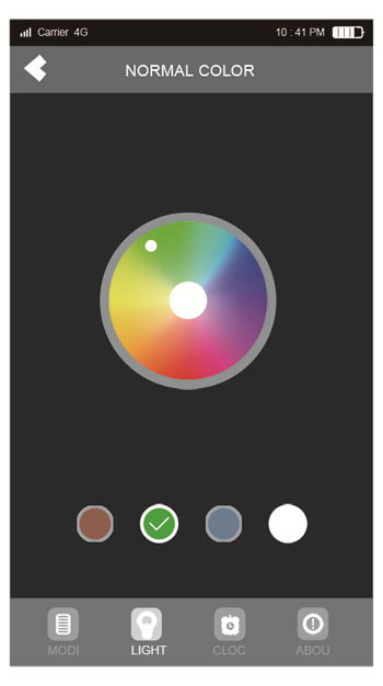 Normal Color sayfasında renk ekranında bulunan herhangi bir rengi parmağınızla seçebilirsiniz. Işık, parmağınızın konumuna göre herhangi bir renge döner.