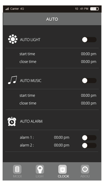 Üç tane otomatik mod mevcuttur: Otomatik Işık, Otomatik Müzik Çalma ve Duraklatma, Otomatik Alarm Zamanı ayarlamak için AUTO