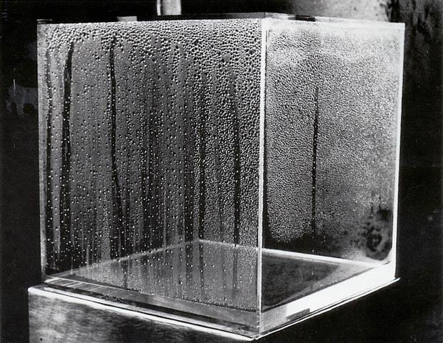 Düşünce ve mekânı biçime yeğleyen diğer bir sanatçı Hans Haache, galeriyi adeta bir kimya laboratuarı gibi görerek, plastik küp, su, termometre ve bulunduğu yerin iklim koşulları ile meydana