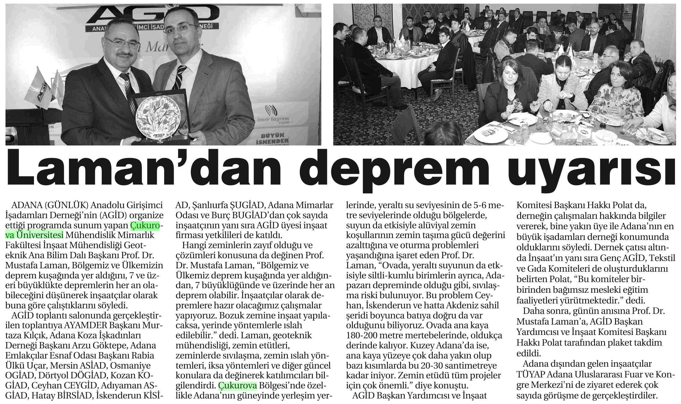 PROF.DR LAMAN'DAN DEPREM UYARISI Yayın Adı : Adana Günlük