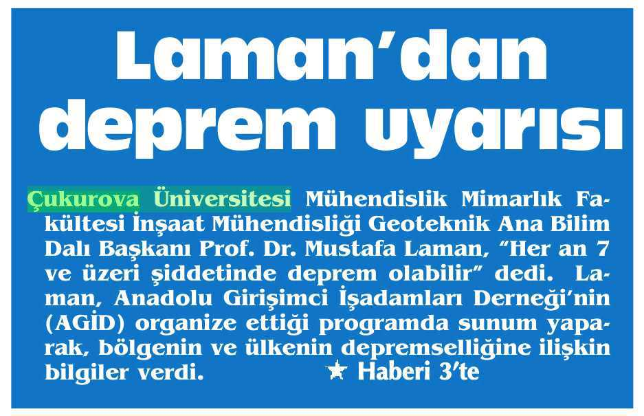 LAMAN'DAN DEPREM UYARISI Yayın Adı : Adana Son Nokta