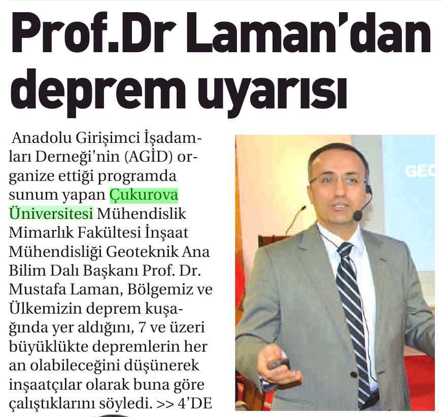 PROF.DR LAMAN'DAN DEPREM UYARISI Yayın Adı : Adana Günlük
