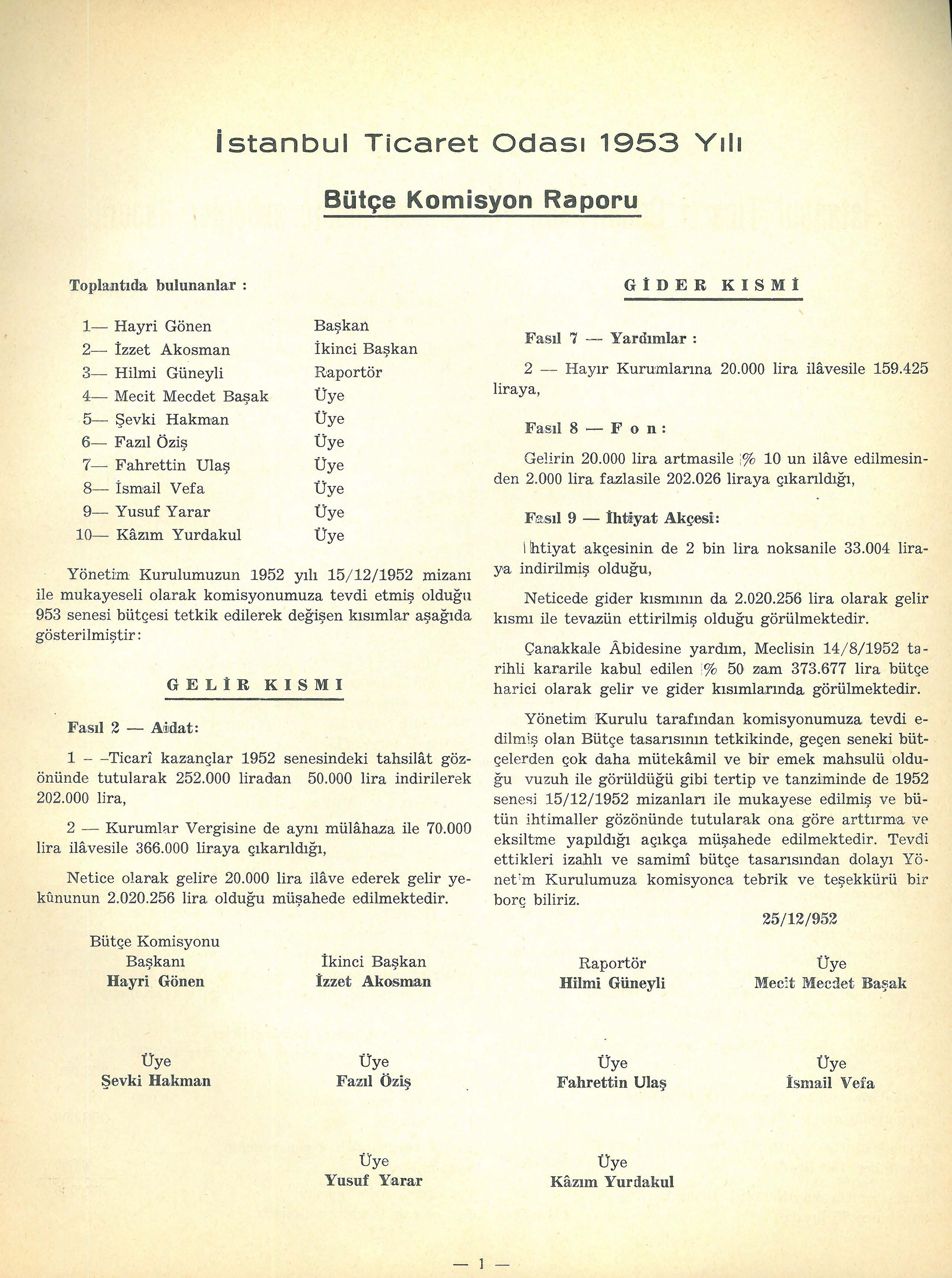 i stanbul Ticaret Odası 1953 Yılı Bütçe Komisyon Raporu Toplantıda bulunanlar : l- Hayri Gönen.