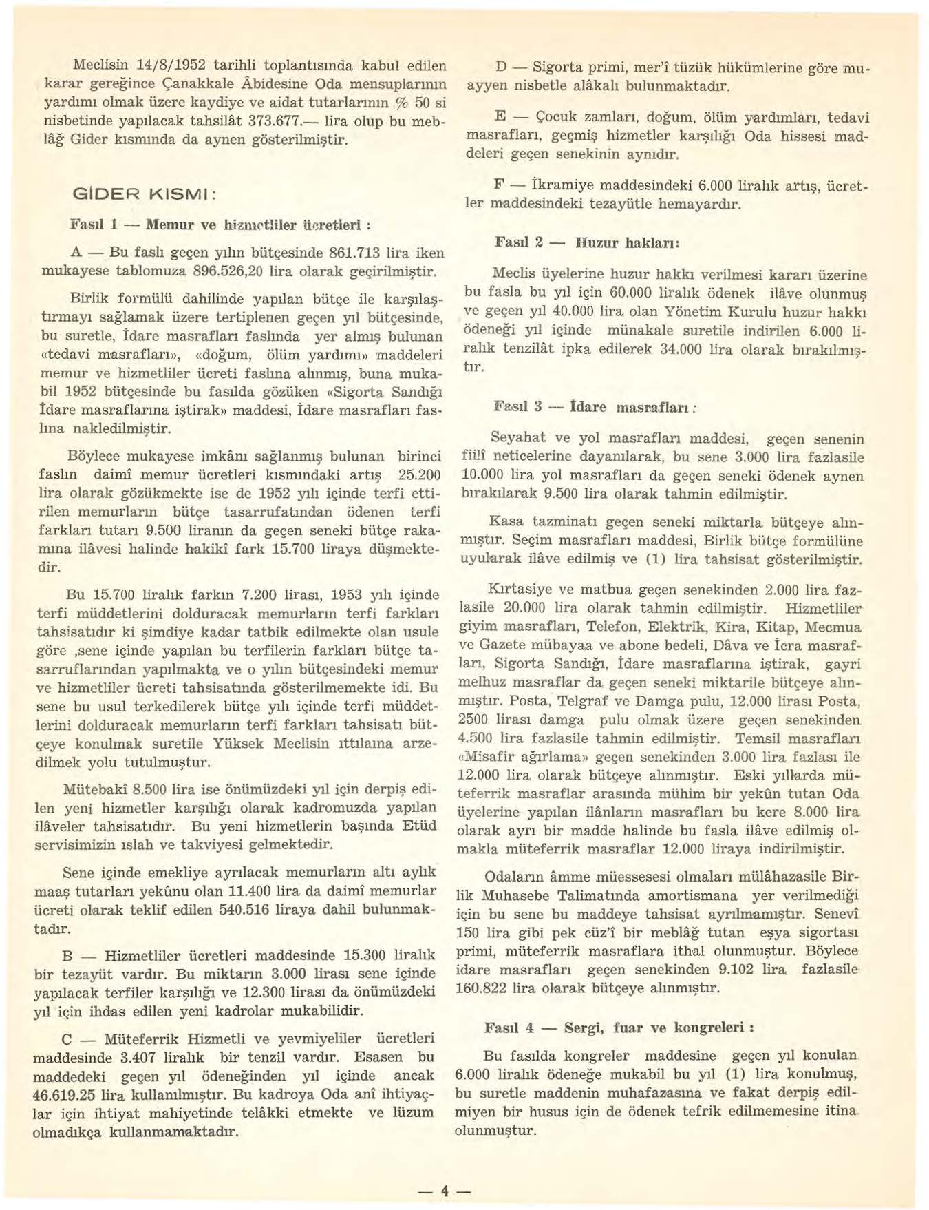 Meclisin 14/8/1952 tarihli toplantısında kabul edilen karar gereğince Çanakkale Abidesine Oda mensuplarımn yardımı olmak üzere kaydiye ve aidat tutarlannın % 50 si nisbetinde yapılacak tahsilat 373.