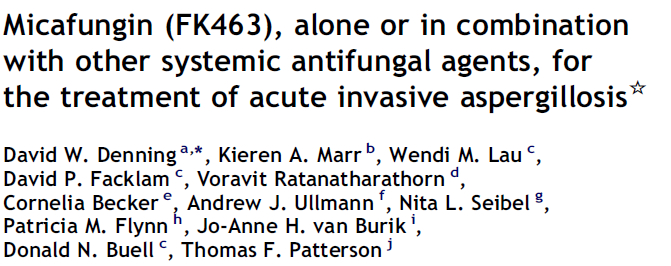 Aspergillus 225 erişkin, ve ped (66) hastada 29 primer tdv, 192 refrakter, 4 intoleran 75 mg/gün Mikafungin-pediatriklerde 1.5 mg/kg/gün. Ort.gün doz 111 mg/gün. Ort. Tdv.