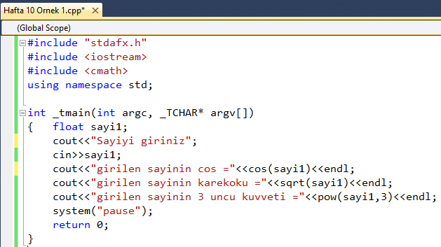 C++ Hazır Fonksiyonlar Çözüm 1: Girilen sayının cos, karekökünü ve 3