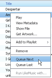 Şarkıları çalma sırasının başına ya da sonuna ekleyin Şarkıları başa eklemek için, seçenekleri sağ tıklatın ve Sonraki Olarak Sıraya Ekle öğesini seçin; Şarkıları sona eklemek için, seçenekleri sağ