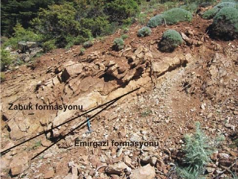 12 Kayseri-Yahyalı-Karaköy, Karaçat Demir Yatağının Maden Jeolojisi Şekil 9. Hanyeri tepede gözlenen Emirgazi formasyonu ile Zabuk formasyonu arasındaki açılı uyumsuzluk ilişkisi. Figure 9.