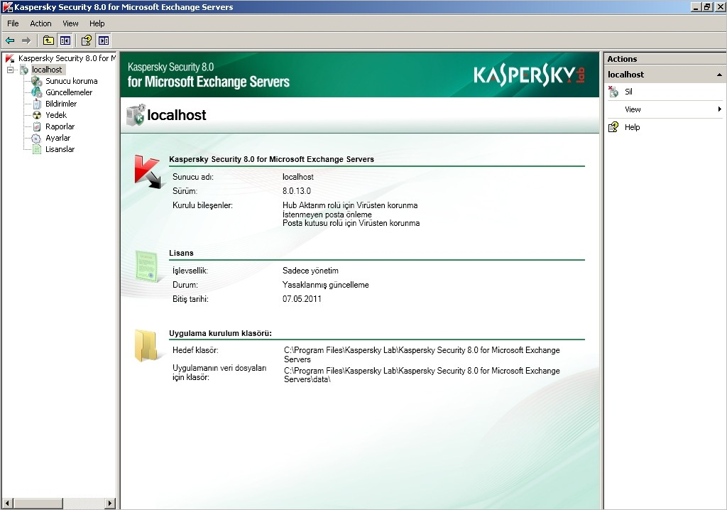 Y Ö N E T I C I K I L A V U Z U Şekil 1. Ana uygulama penceresi Konsol ağacının en üstündeki düğüm Kaspersky Security 8.0 for Microsoft Exchange Servers'dır.