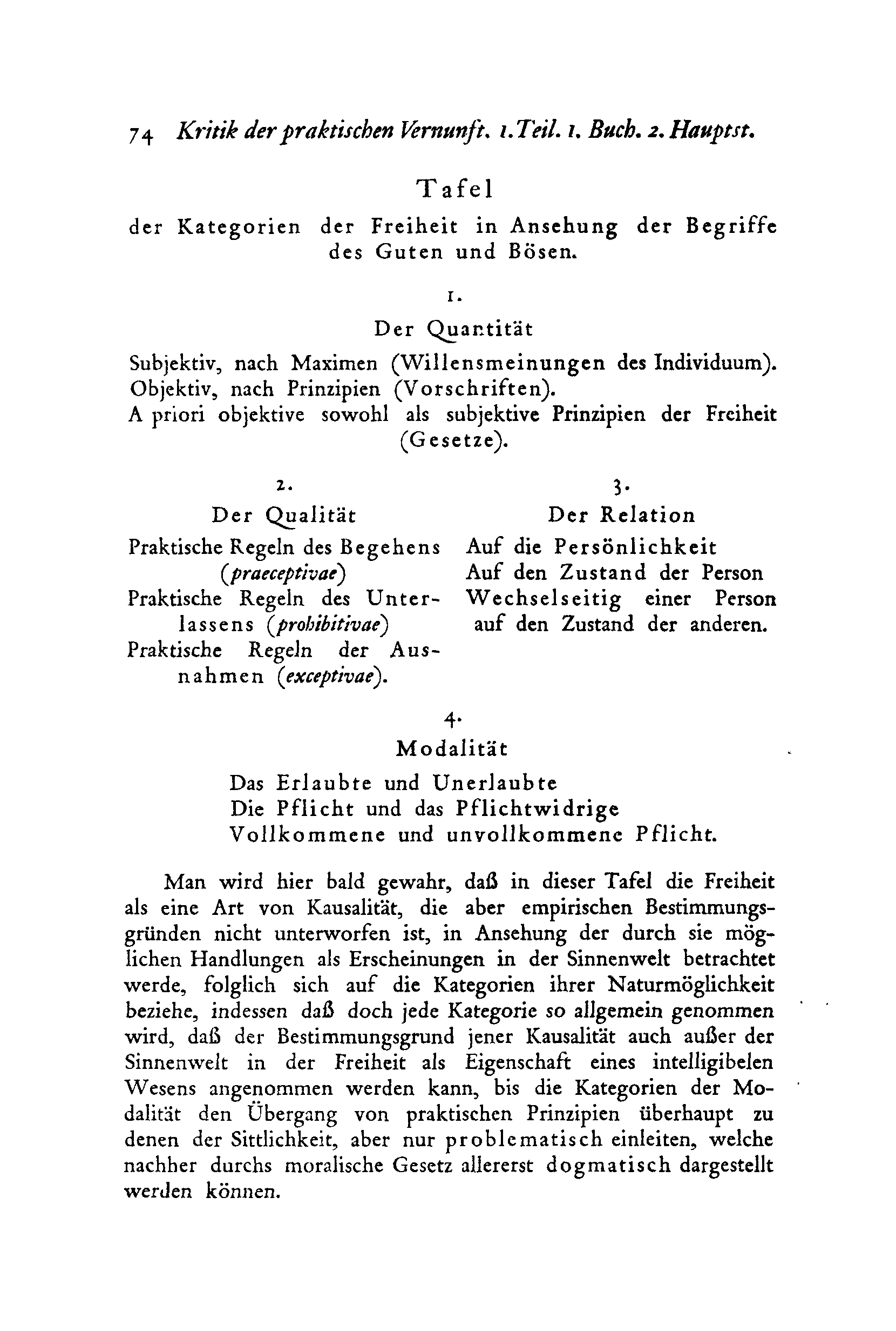 5> o Kritik der praktischen Vernunft. ı. Teil. ı. Buch. 2. Hauptst. Tafel der Kategorien der Freiheit in Ansehung der Begriffe des Guten und Bosen. 1.