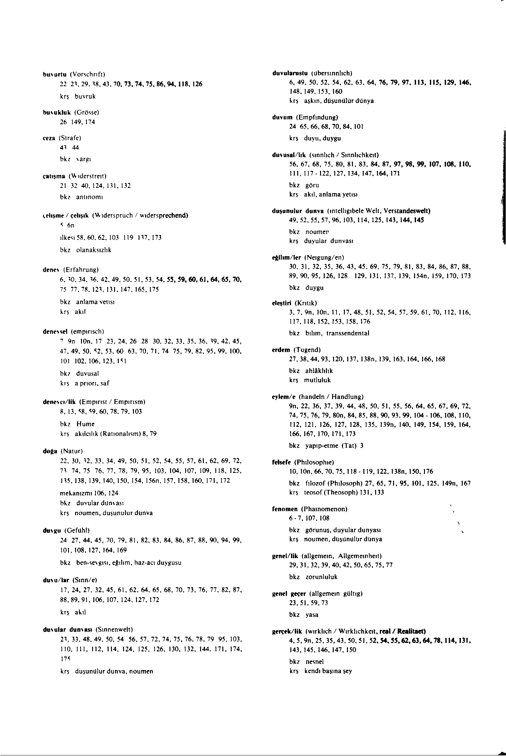 bumirtu (Vorschrift) 22 21. 29. 18.43.70, 73,74,75, 86,94. 118. 126 krş buvruk butukluk (Grösse) 26 149,174 ceza (Strafe) 41 44 bkz \argı çatışma (Widerstreit) 21 32 40. 124. 131.