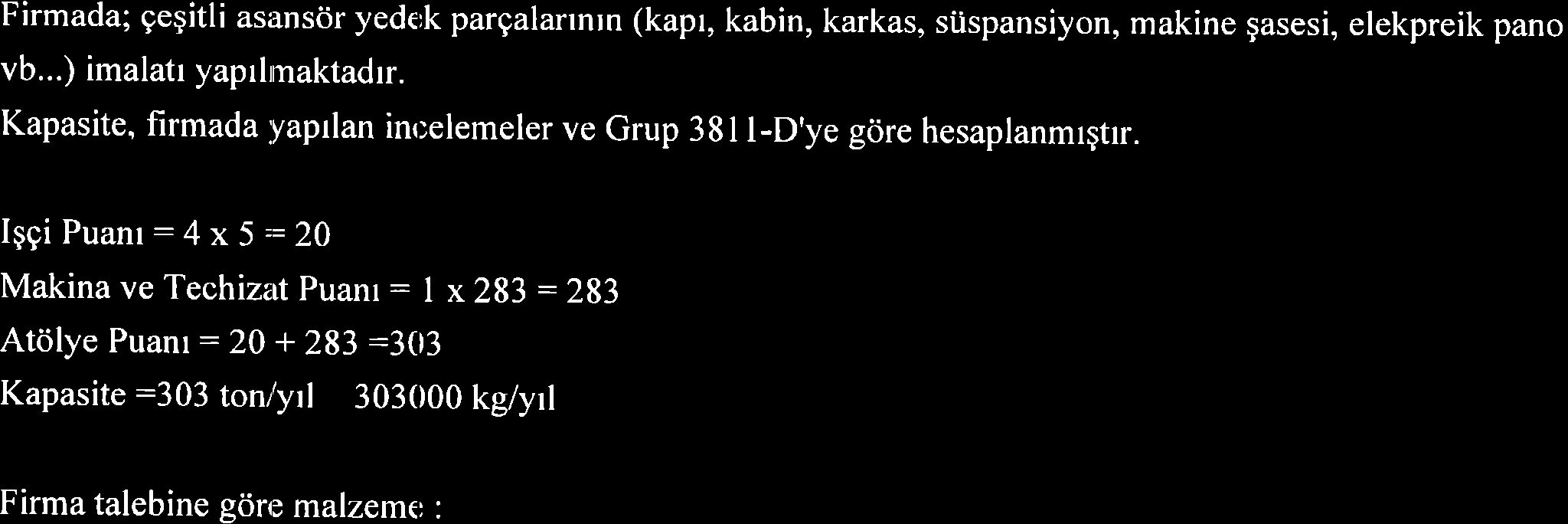 ad/ytl - Faz koruma: 30 x I : 30 adivrl 2- Asanscir Yedek Pargalan imalatr (4 iggi): Firmada; gegitli asansdr yedek pargalannrn