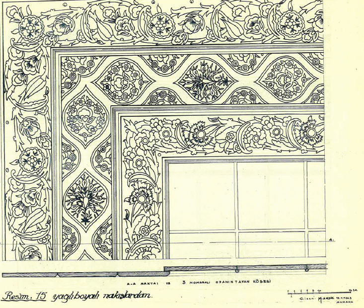Şekil 13. Yusuf Uğraş Evi nde yer alan bezemelerin çizimleri. Kaynak: Akok ve Gökoğlu, 1946, s.18. Yapıda yer alan köşk tasviri ise incelenmesi gereken bir başka resimdir.