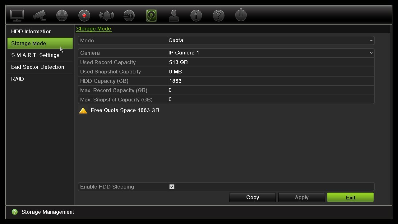 Bölüm 15: Depolama alanı yönetimi Kameranın HDD kotasını ayarlamak için: 1. Menü araç çubuğundan Storage Management > Storage Mode (Depolama Alanı Yönetimi > Depolama Modu) öğesine tıklayın. 2.