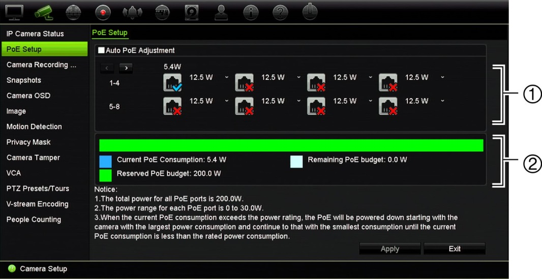 Bölüm 10: Kamera kurulumu PoE güç bütçesi (yalnızca TVN 22S) PoE güç bütçesi bilgisi yalnızca TVN 22S için mevcuttur.