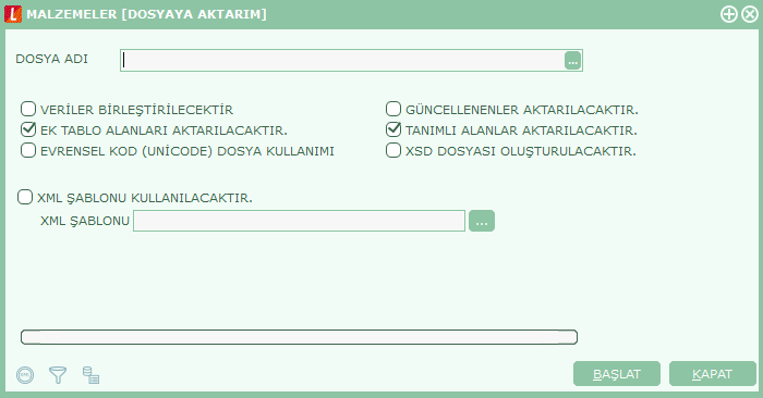 Veri Aktarımı (Dışarı) Veri aktarımı dışarı seçeneği ile aktarılacak bilgiler XML uzantılı bir dosyaya aktarılır. Hangi bilgilerin aktarılacağı XML şablonu tanımlanarak belirlenir.