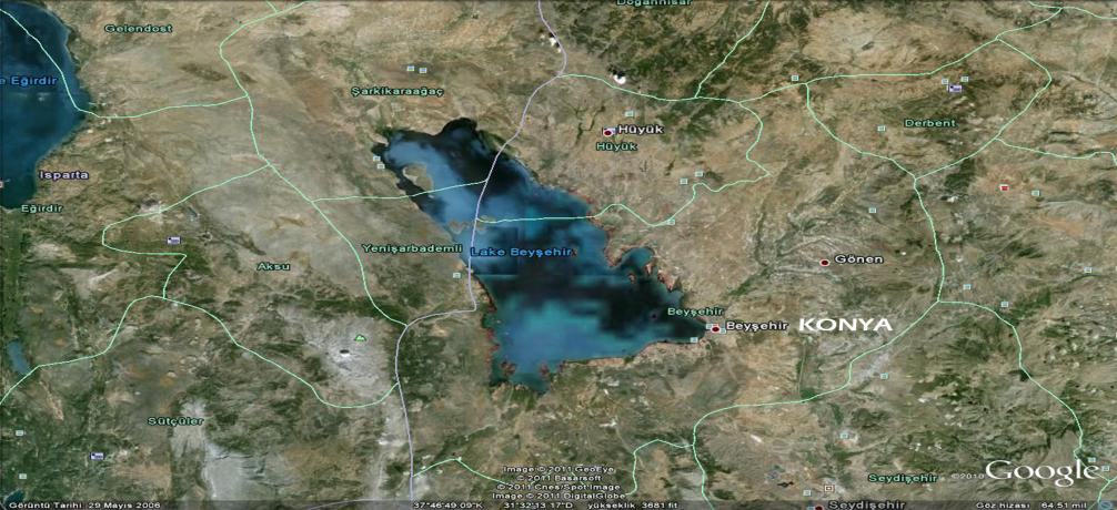 1. AraĢtırma alanının özellikleri BeyĢehir Gölü, Türkiye nin ikinci büyük gölü olup Ġç Anadolu nun batısına yakın, Konya ile Isparta arasında