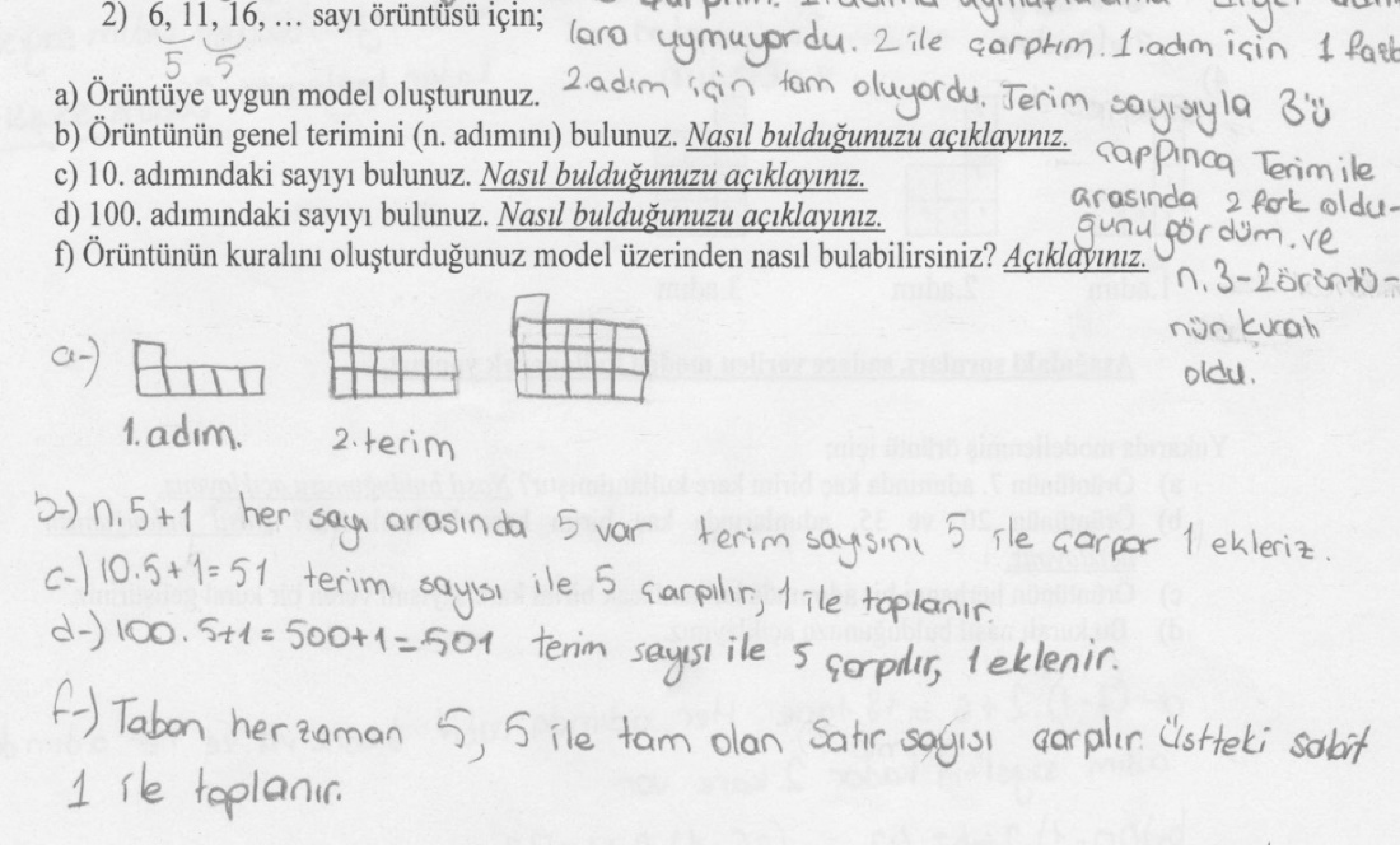 210 GAUN JSS SÖGP 2 Şekil 10: Canan ın SÖGP 1 ve 2 de Model Kullanımı Canan ın SÖGP 1'deki yanıtında modeli nümerik ilişkiye dökerek cebirsel bir ilişki aradığı ve modeli bir kural bulma yönünde