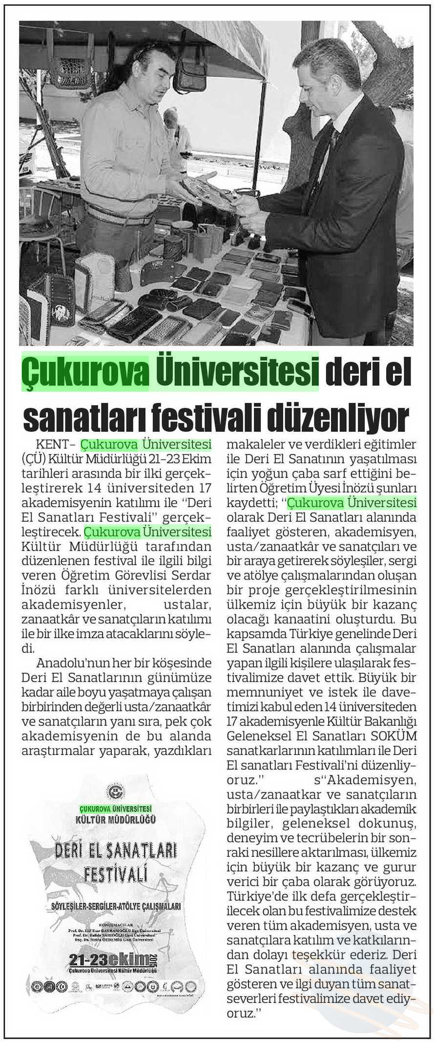 ÇUKUROVA ÜNIVERSITESI DERI EL SANATLAN FESTIVALI DÜZENLIYOR Yayın