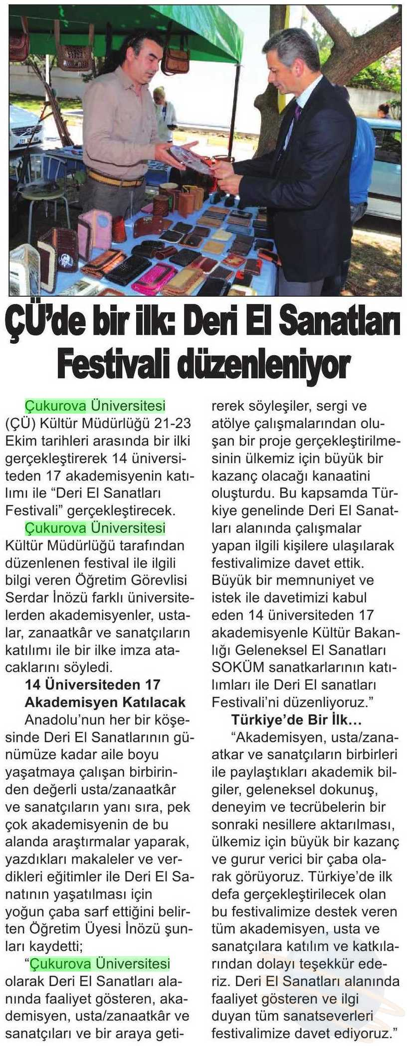 ÇÜ DE BIR ILK DERI EL SANATLARI FESTIVALI DÜZENLENIYOR Yayın Adı