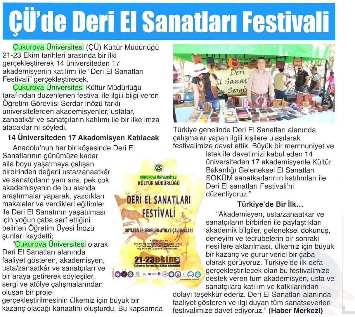 ÇÜ DE DERI II SANATLARI FESTIVALI Yayın Adı : Adana