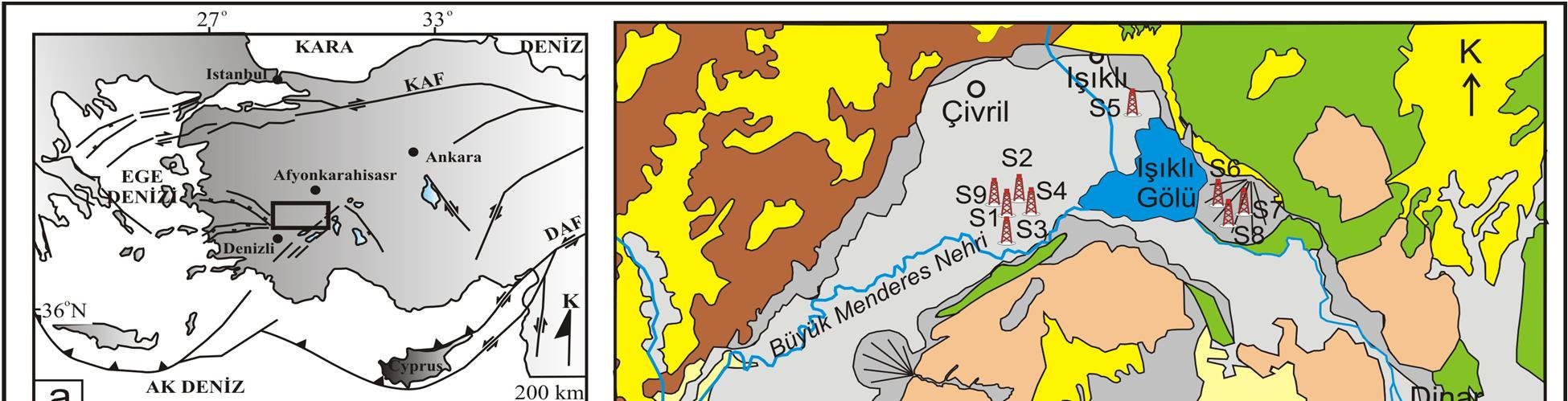 Şekil 1. (a) İnceleme alanının yer bulduru haritası, (b) Çalışma alanının jeoloji haritası, (Konak, 2002; Konak ve Şenel, 2002; Şenel, 2002; Turan, 2002; Gürbüz et. al. 2011) Dinar ve Baklan Basenindeki sondaj lokasyonları (S1, S2, S3, S4, S5 ve S6, S7, S8, S9 sondajları), (c) Baklan-Dinar Basenlerinin topoğrafik haritası.