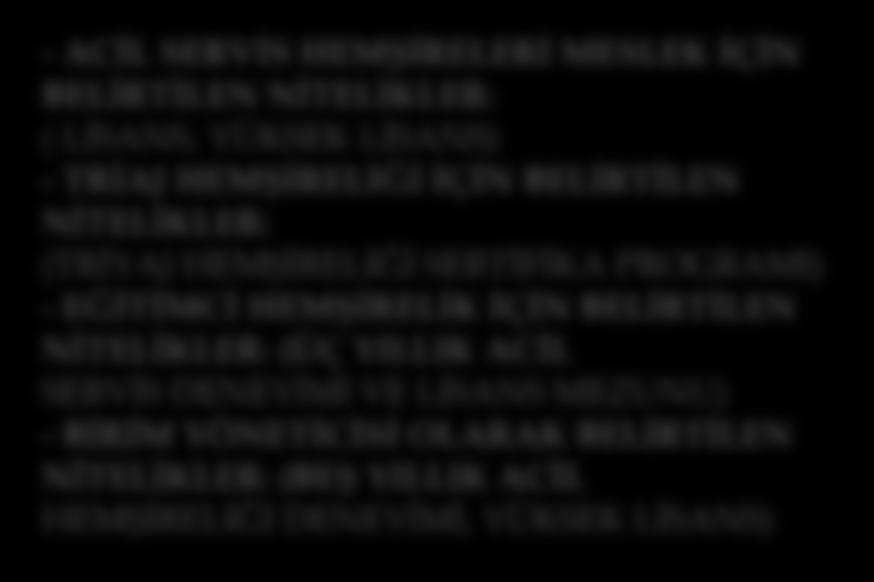 PROFESYONEL NİTELİKLERİ - ACİL SERVİS HEMŞİRELERİ MESLEK İÇİN BELİRTİLEN NİTELİKLER: ( LİSANS, YÜKSEK LİSANS) - TRİAJ HEMŞİRELİĞİ İÇİN BELİRTİLEN NİTELİKLER: (TRİYAJ HEMŞİRELİĞİ SERTİFİKA PROGRAMI) -