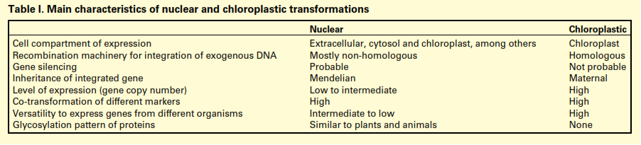 Kloroplastlarda rekombinant protein üretimi nuklear transformasyolarına göre birçök benzersiz özelliklere sahiptir: Kloroplastlarda transgenik protein anlatımı,nuklear genom anlatımından çok daha