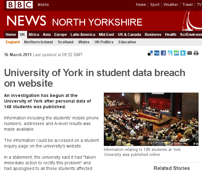 uk/2006/08/28/oz_id_database_misused/ 25 / 60 26 / 60 Verilerin Güvenliği Örnek: York Üniversitesi öğrenci kayıtları güvenlik açıkları, hatalar ya da düşüncesizlik nedeniyle veriler açığa