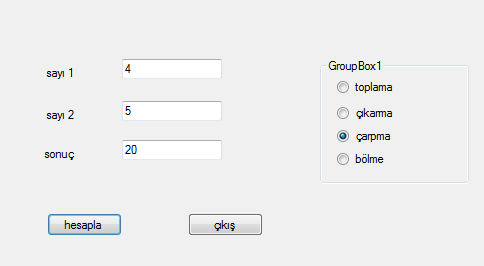 Text) If RadioButton1.Checked Then TextBox3.Text = a + b If RadioButton2.Checked Then TextBox3.Text = a - b If RadioButton3.