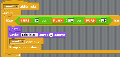 Karakter, her level 1 alındığında, süre 0 ve puan 31 ile 19 arasında ise TEBRİKLER der.