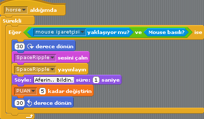 Her horse komutu alındığında, eğer Mouse değiyorsa ve Mouse basılıysa