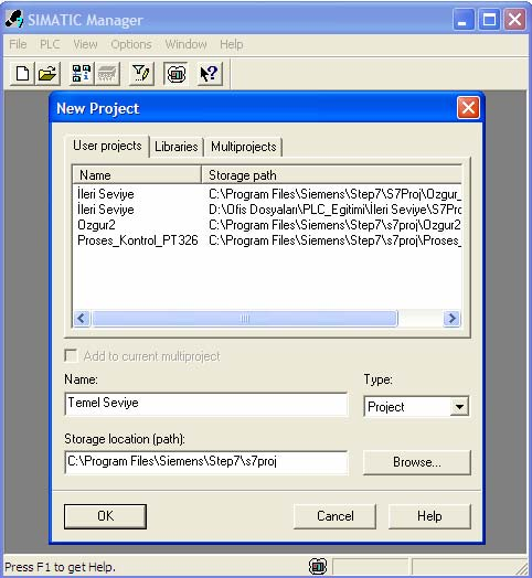 STEP 7 Simatic Manager Proje Oluşturma Simatic Manager ekranında New Project/Library ikonuna basıldığında proje oluşturma sayfası belirir.
