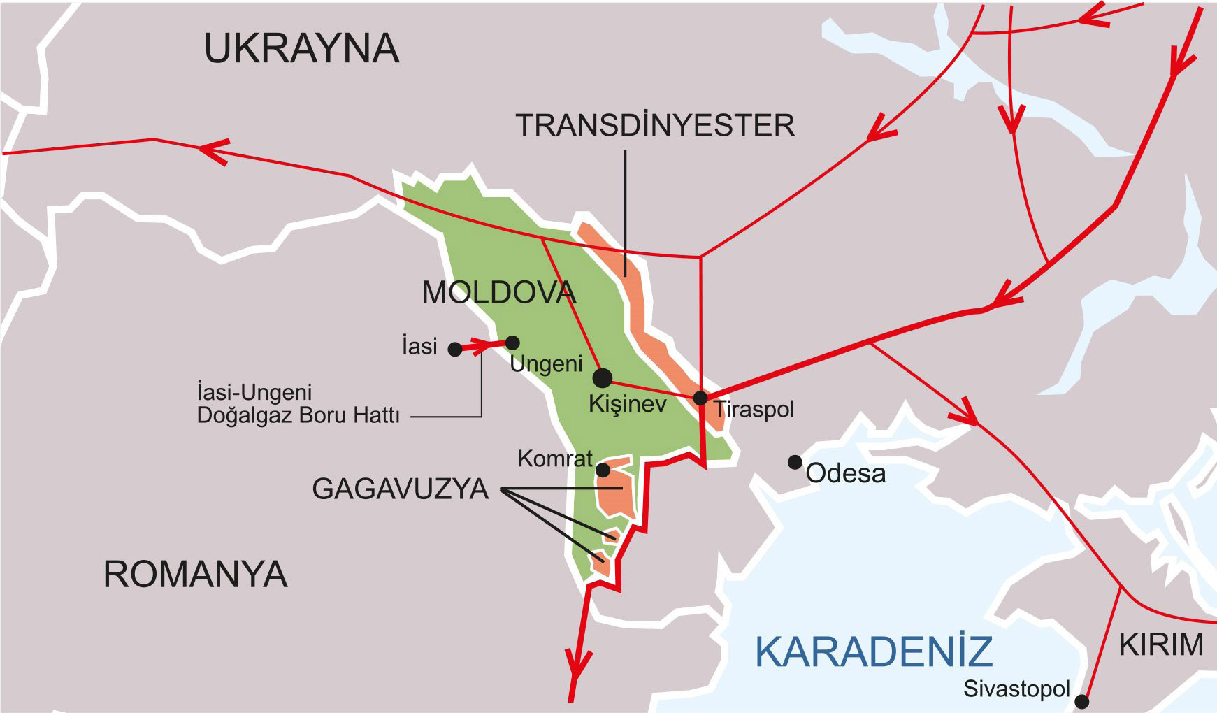 Küresel Riskler ve Bölgesel Krizler Moldova dan Geçen Enerji Nakil Hatları Kasım 2013 de Moldova nın Vilnius zirve toplantısında AB ile ortaklık anlaşmasını parafe etmesi üzerine Kremlin Moldova dan