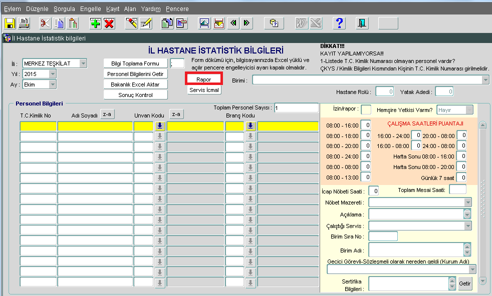 Rapor butonuna basılarak açılan yeni pencereden istenilen yıl ve aya ait rapor pdf, excel vb. ortamlara alınabilir. İller Servis İcmal butonunu kullanamazlar.