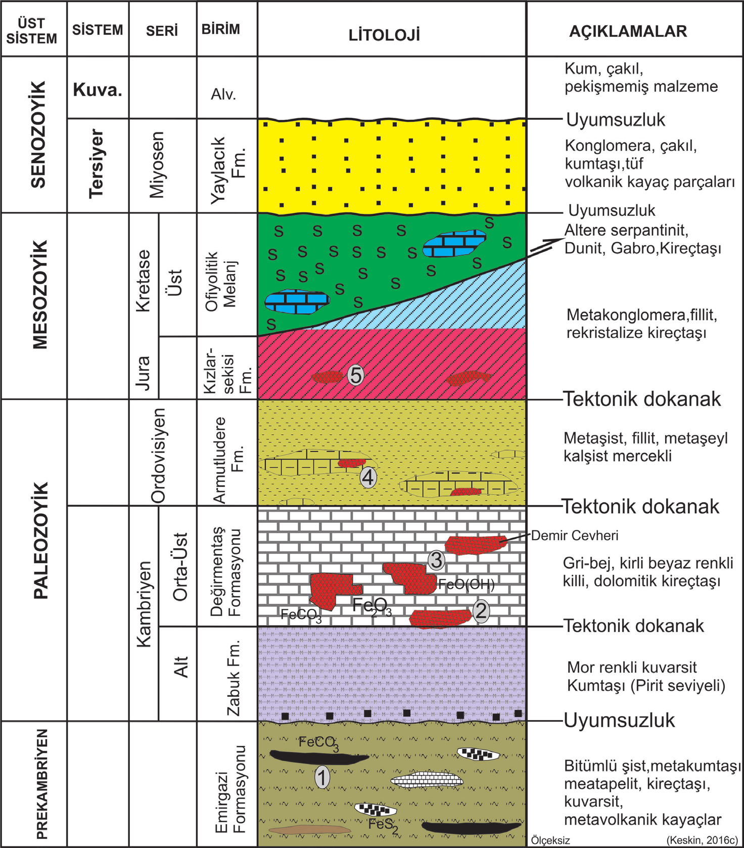 98 Şekil 3. Çalışma alanının genelleştirilmiş stratigrafik kolon kesiti ve demir yataklarının (1,2,3,4 ve 5) bu formasyonlar içindeki dağılımı (Şenel vd., 2004 ten değiştirilerek alınmıştır).