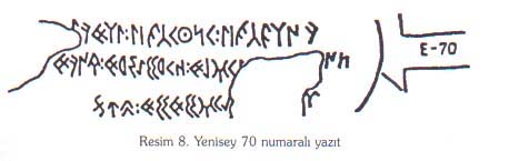 Burada, henüz neşredilmemiş, Kopelko isimli bir ressamın Hakasya'da bize, Di-mitri Vasilyev ile bana, haber verdiği, kırmızı mürekkeple yazılan bir yazıtı görüyorsu-nuz.