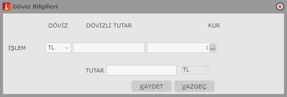 Banka Fişi Döviz Bilgileri Banka fişlerinde satırdaki işlem için döviz bilgileri Döviz Girişi seçeneği ile kaydedilir. Banka hesap kartı kayıt türüne göre döviz bilgileri kaydedilir.